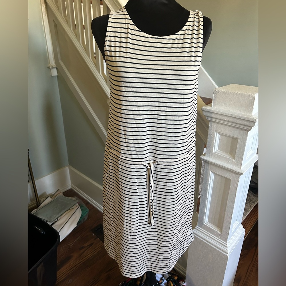 Pieces brand beige/black stripe cinch waist casual dress size medium